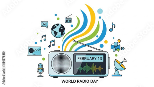 Vibrant world radio day illustration with colorful radio globe music notes and communication icons on white background