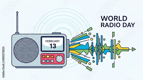 Colorful radio with sound waves on world radio day february 13 celebrating communication and broadcasting
