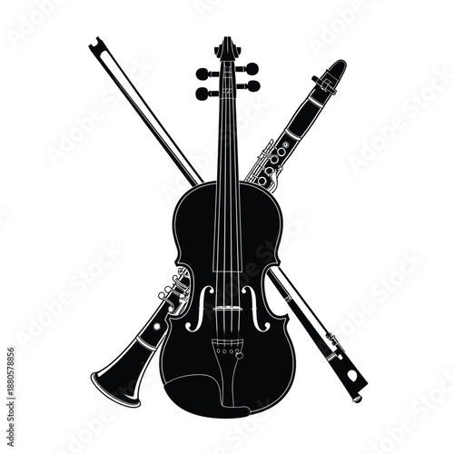 Musical instruments violin clarinet and french horn in a black silhouette