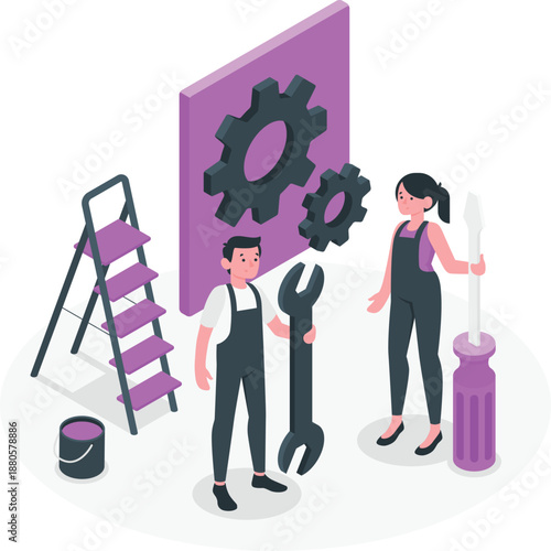 Two technicians working together on a large purple gear system with tools and equipment in a maintenance setting