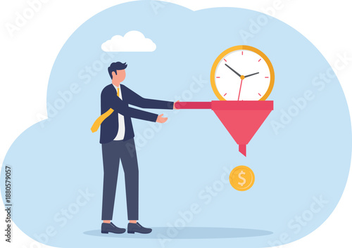 Businessman Funneling Big Clock into Small Time