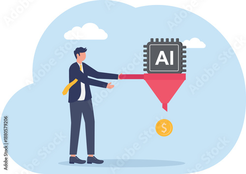 Businessman Funneling AI Chip into Small Coin