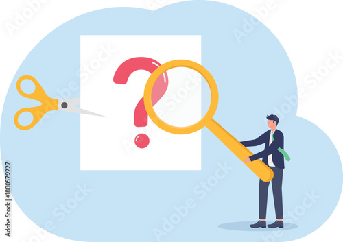 Businessman Cutting Question Paper with Scissors