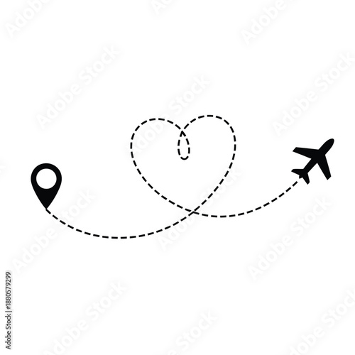 heart shaped airplane travel route with location pin