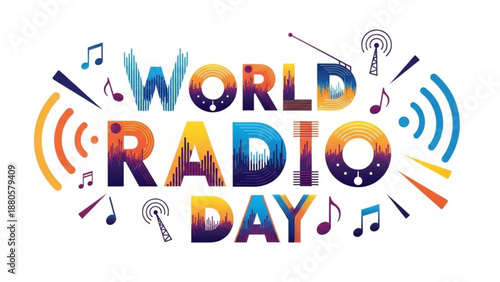 Vibrant world radio day graphic with colorful text and music symbols