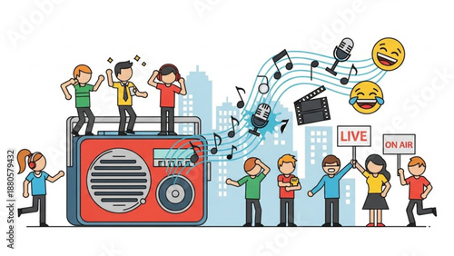 People enjoying music and radio broadcasting in a lively city setting with emojis and musical notes