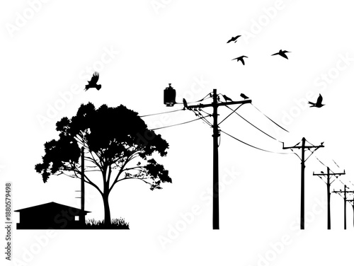 Black Urban Cityscape Silhouette Vector with Birds on Power Lines and Bare Trees Isolated on White