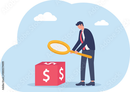 Businessman Inspecting Money Boxes with Magnifying Glass