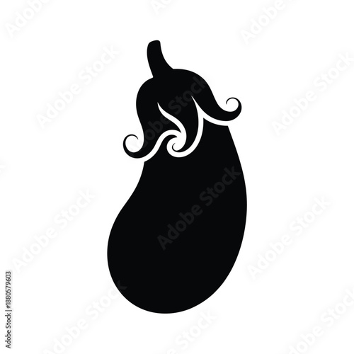 Stylized black silhouette of an eggplant with a whimsical design