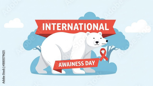 Polar bear with international awareness day banner and red ribbon on a light blue background with clouds