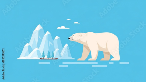 Polar bear standing on ice floes near melting glaciers and a ship in the arctic ocean symbolizing climate change and global warming