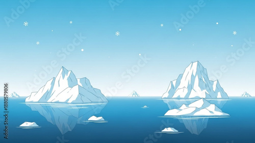Icebergs floating in ocean with clear blue water and sky sunny day with snowflakes