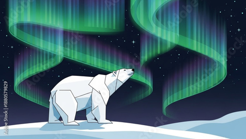 Polar bear standing on arctic ice gazing at vibrant green northern lights in night sky with stars