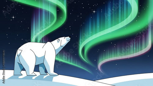Polar bear standing on snowy ground looking up at green aurora borealis in night sky with stars