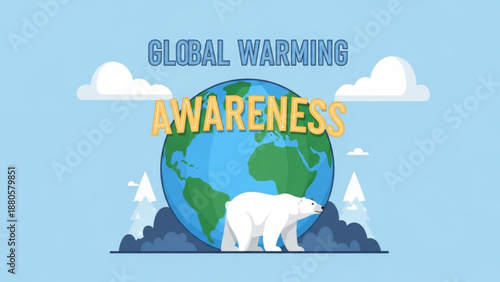 Global warming awareness concept with polar bear standing in front of earth on melting ice with clouds and trees