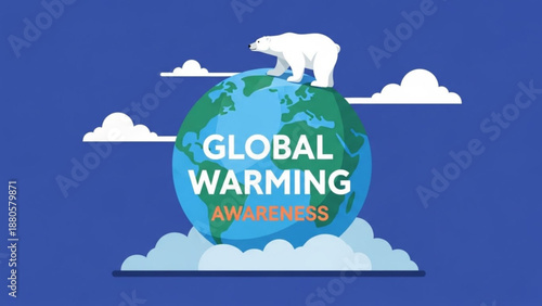 Global warming awareness concept with polar bear on earth surrounded by clouds
