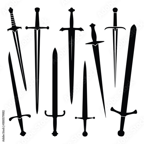 silhouette of various medieval swords and daggers on white background