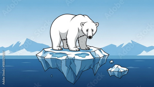 Polar bear standing on melting iceberg with ocean and mountain landscape in background symbolizing climate change and global warming effects on arctic habitat