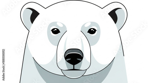 Close up of a smiling polar bear's face with white fur and black nose on a plain white background