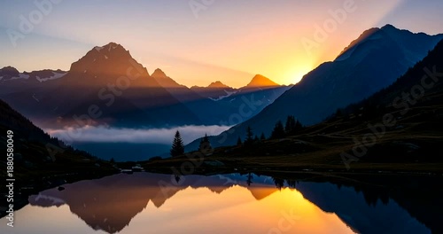 Mountain Landscape with Lake at Sunset.