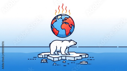 Polar bear standing on melting ice floe with burning earth globe above symbolizing global warming and climate change impact on wildlife and environment