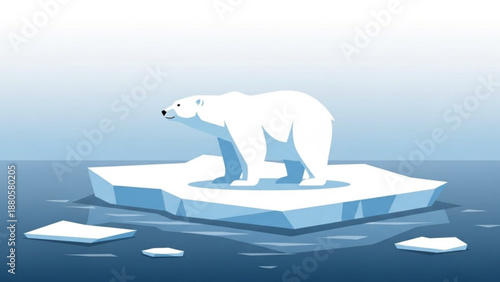 Polar bear standing on melting iceberg in ocean with scattered ice floes symbolizing climate change and global warming effects on arctic wildlife
