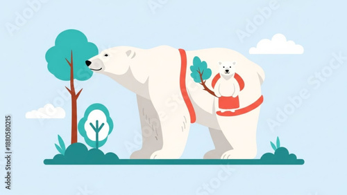 Polar bear with cub in eco friendly red bag walking through natural landscape with trees and plants