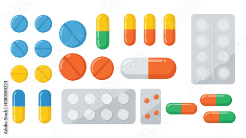 Set of Various Medical Pills Capsules and Blister Packs. Healthcare Concept with Different Drugs for Treatment and Pharmacy. Collection of Pharmaceutical Medications Isolated on White Background.