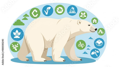 Polar bear surrounded by eco friendly icons and symbols on a blue background representing environmental conservation and sustainability