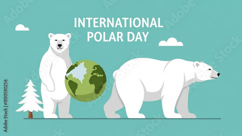 Polar bears standing and walking with globe on international polar day symbolizing climate change awareness and arctic conservation