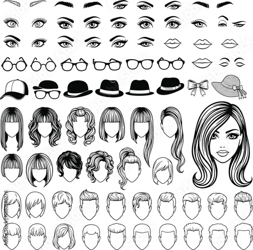 Woman fashion hairstyles eyes lips glasses hats accessory icons for character constructor set