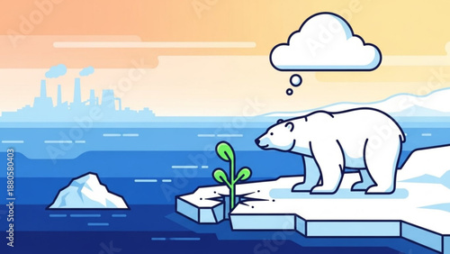 Polar bear standing on melting iceberg with thought bubble symbolizing climate change and global warming effects on arctic wildlife and ecosystems
