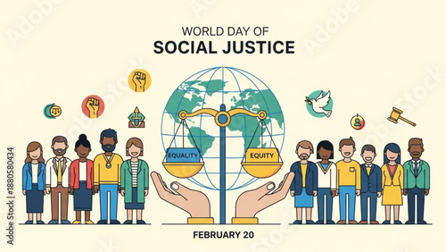 World day of social justice illustration with diverse people globe and scales of justice symbolizing equality and fairness on february 20 promoting unity and human rights