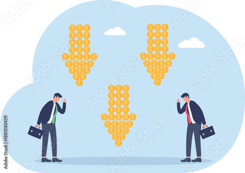 Businessmen Looking at Large Declining Arrows