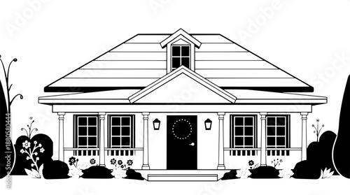 Monochrome vector illustration of a house with a cozy home feeling, featuring delicate floral decorations, slender porch pillars, and smooth continuous outlines, devoid of any textures, with a serene 