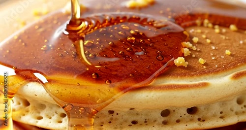 Pancakes with Honey Syrup Being Poured.