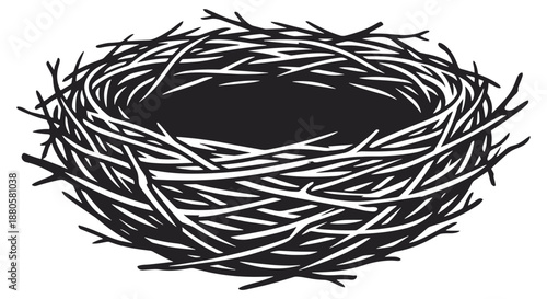 Intricate black and white illustration depicting an empty bird's nest meticulously crafted from interwoven natural twigs, symbolizing home, nature's artistry, and anticipation