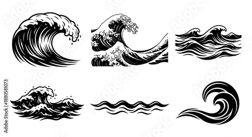 Collection of stylized black and white illustrations of various dynamic ocean wave forms