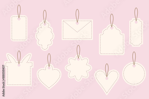 Elegant pastel Valentine gift tags in soft blush colors. Cream labels with dotted frames and warm beige strings create a gentle romantic look. Perfect for greeting cards, packaging, scrapbooking and h