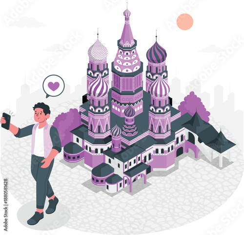 Man taking selfie in front of architectural marvel with multiple domes and towers