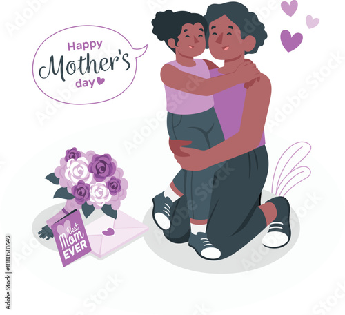 A heartwarming illustration of a mother and child embracing, surrounded by flowers and hearts, capturing a tender moment on Mother's Day
