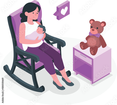A mother breastfeeding her baby while sitting in a rocking chair beside a table with a teddy bear