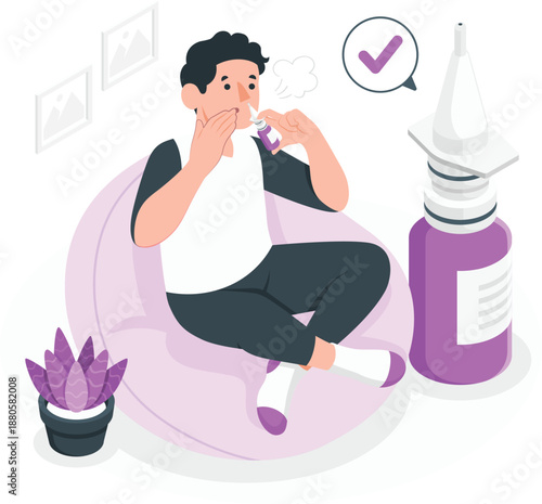 Man using nasal spray while sitting comfortably on a couch with a checkmark indicating relief