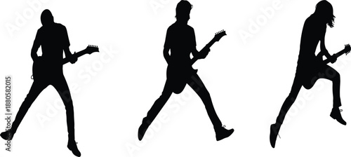 Rock guitarist silhouettes in action, electric guitar player icons for live music concert design