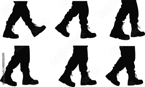 Silhouettes of walking legs wearing heavy work boots, industrial and military footwear step icon