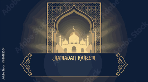 Islamic calligraphy of Eid Mubarak inside mosque with Taj Mahal style architecture