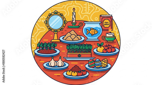 Traditional still life with food mirror candle and fishbowl on ornate table