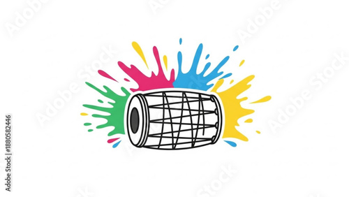 Colorful paint splashes surround a wire mesh cylinder on white background symbolizing creativity and artistic expression in a vibrant dynamic scene