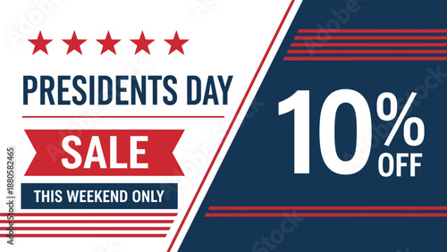 Presidents Day sale ad with 10% off, patriotic stars and stripes, red white blue theme, flat vector illustration