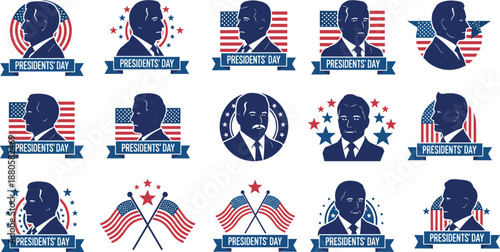 Presidents Day portrait icon set, patriotic USA symbols, American flag theme, red white blue design, flat vector illustration